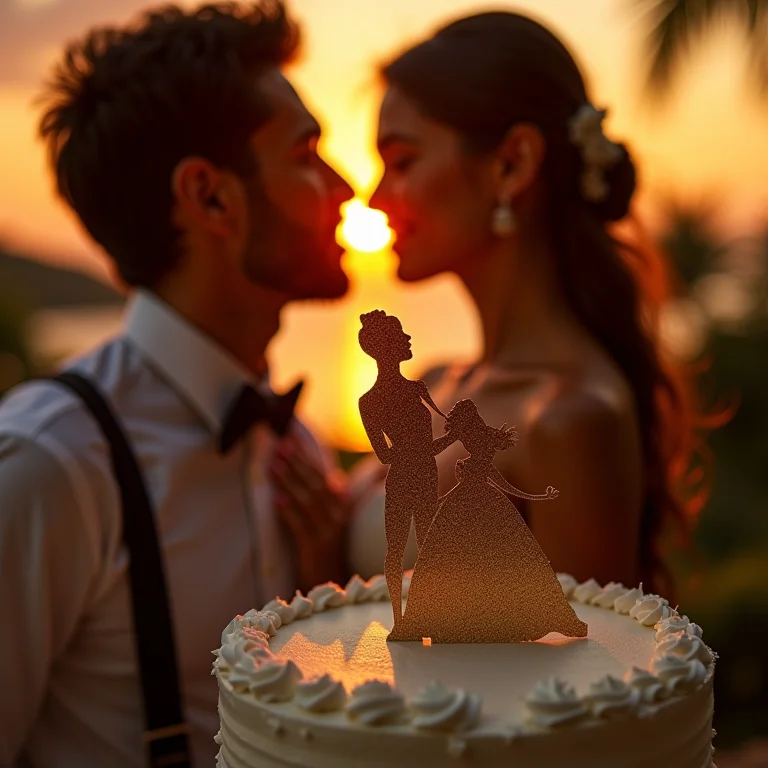 Casal brasileiro trocando olhares apaixonados ao lado do topo de bolo