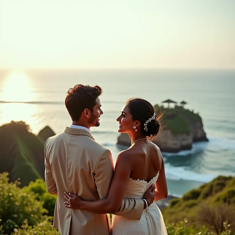 Casal brasileiro visitando o templo Tanah Lot em Bali