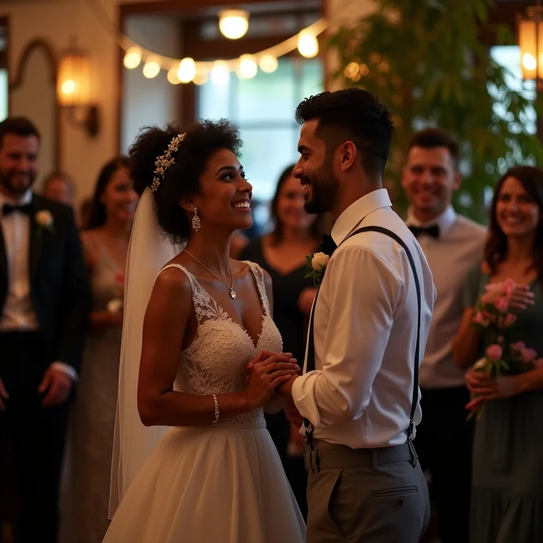 Casal celebrando o amor em casamento em bistrô.