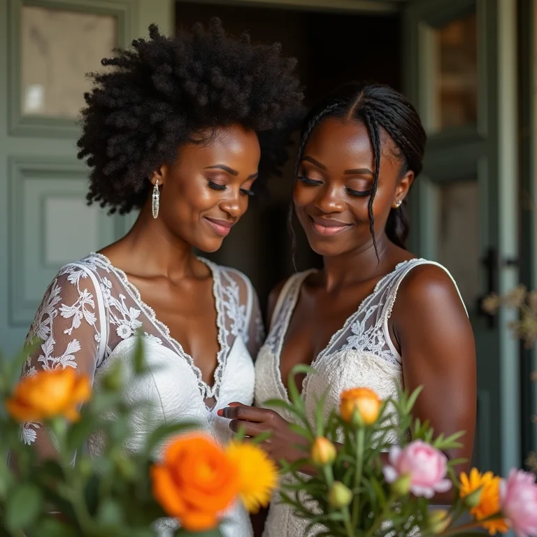 Casal criando arranjos florais DIY para o casamento.