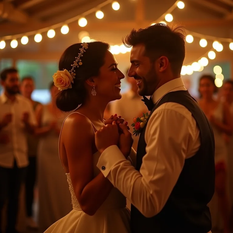 Casal dançando feliz na festa de casamento em sítio rústico