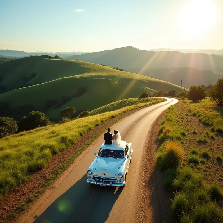Casal de noivos dirigindo em carro clássico em Santana do Riacho, MG.