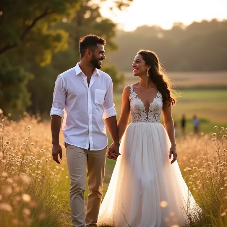 Casal de noivos felizes caminhando em fazenda para casamento em Mogi Mirim.