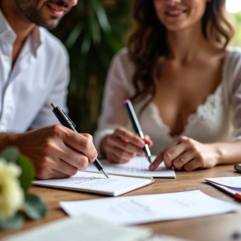 Casal diverso escrevendo cartões de agradecimento