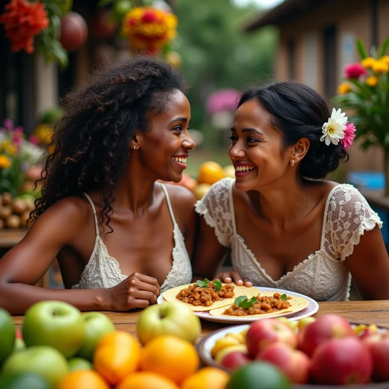 Casal diverso rindo em mercado no Pará durante lua de mel