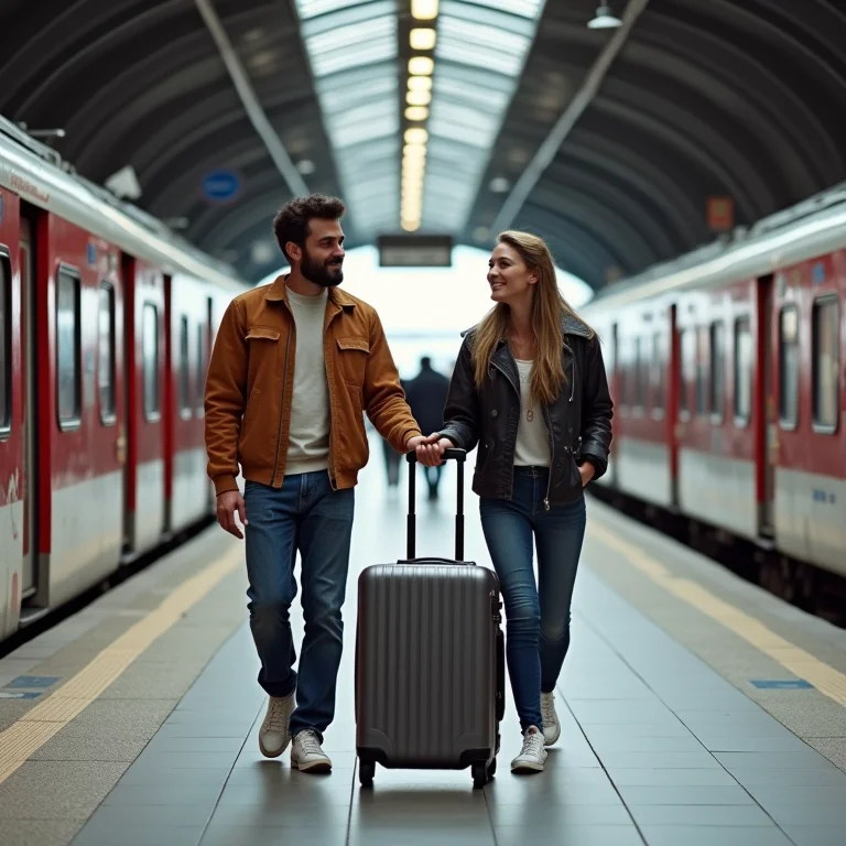Casal em estação de trem em Berna, Suíça