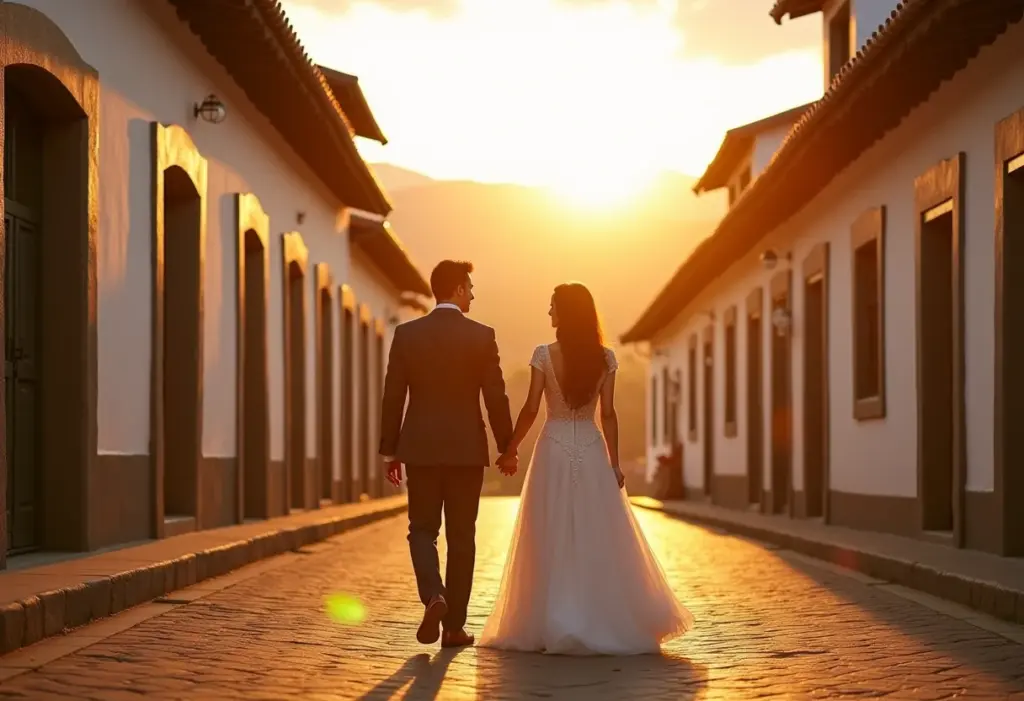 Casal em lua de mel aproveitando a arquitetura de Gramado ao pôr do sol