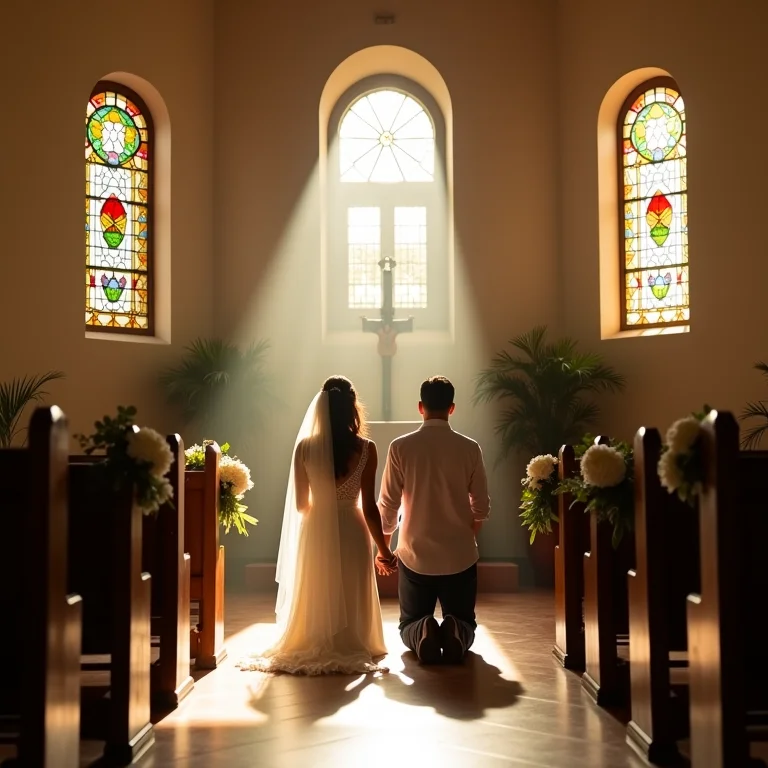 Casal em oração em capela histórica em Paraísopolis.