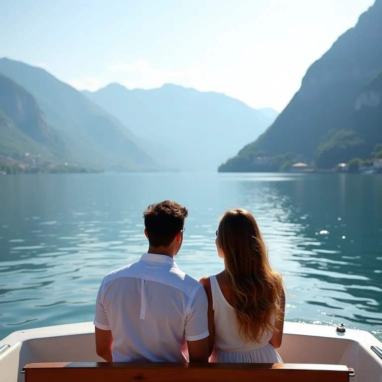 Casal em passeio de barco no Lago Genebra, Suíça