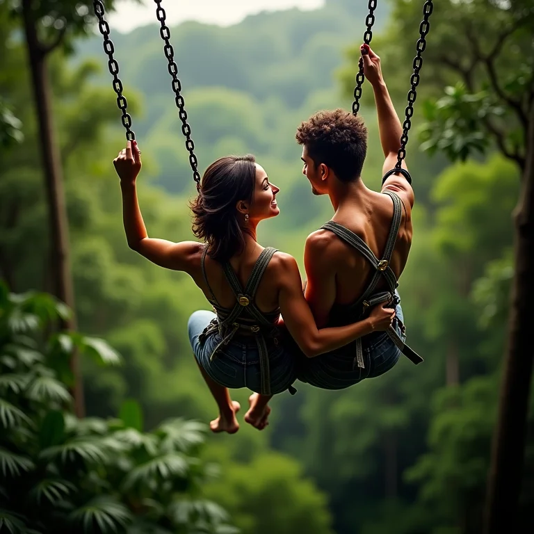 Casal em tirolesa na Amazônia em roteiro romântico