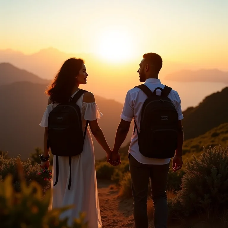 Casal em trilha aproveitando a lua de mel.