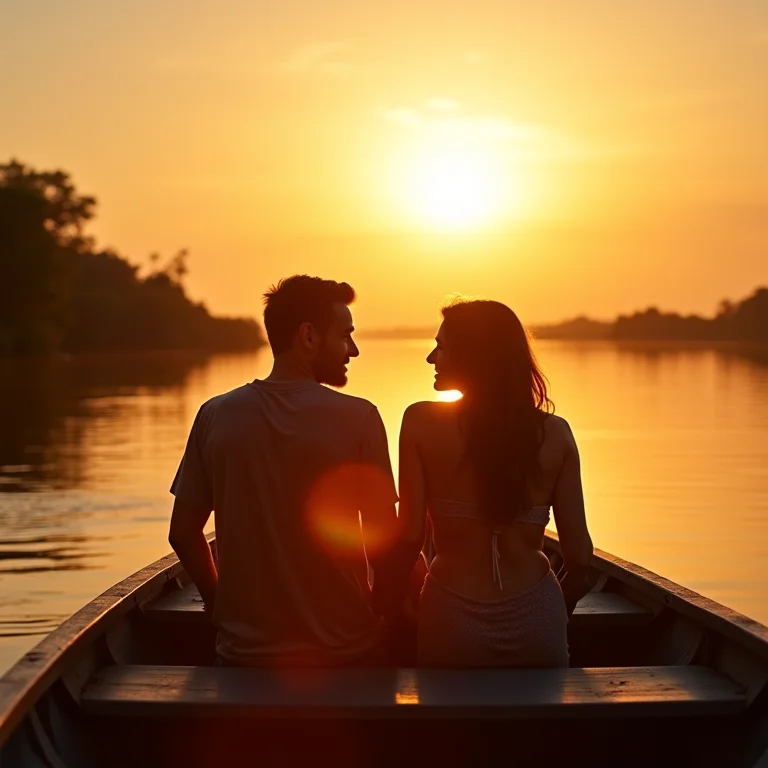 Casal navegando no Rio Amazonas ao pôr do sol na estação seca