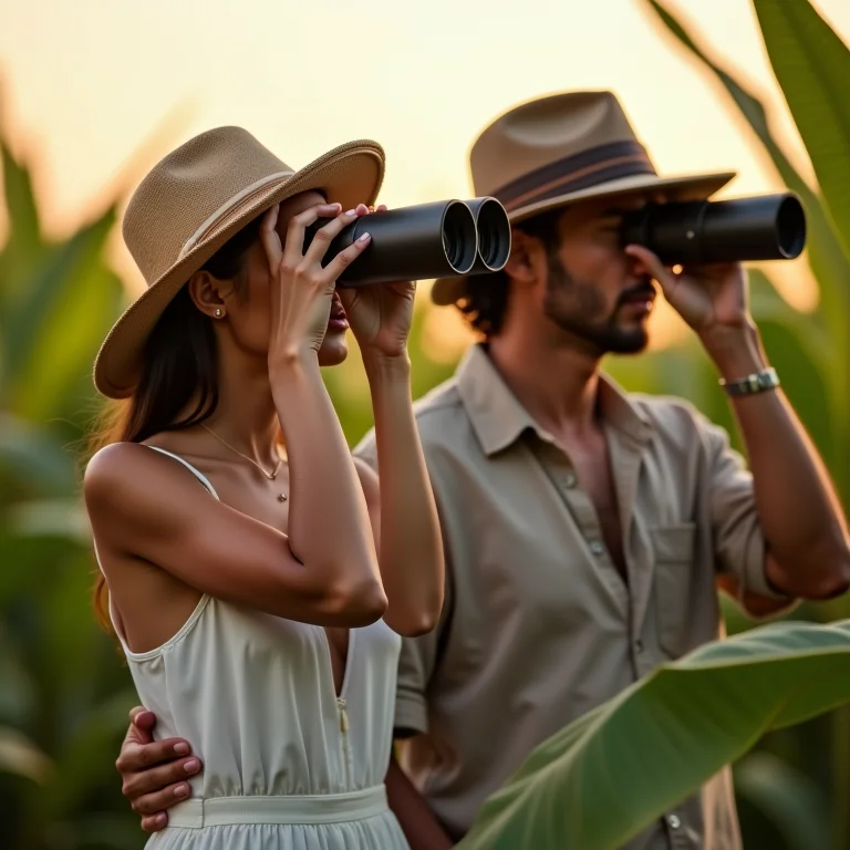 Casal observando aves no Pantanal com binóculos.