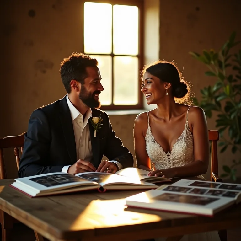 Casal organizando álbuns de fotos de viagem