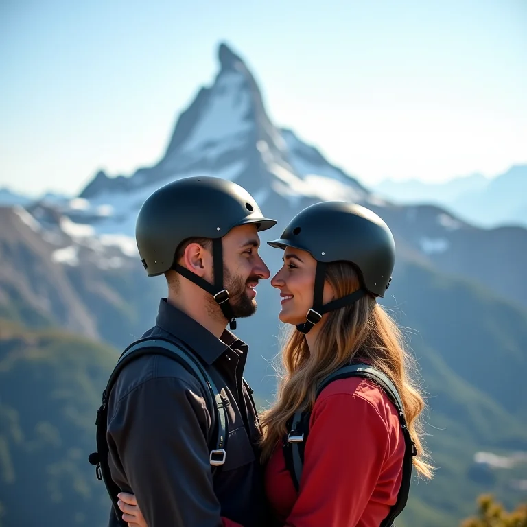 Casal praticando parapente com vista para o Matterhorn