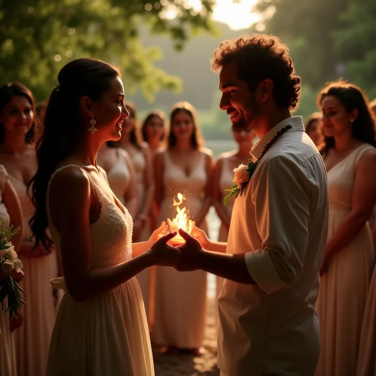 Casal recebendo a bênção dos elementos em casamento celta na praia