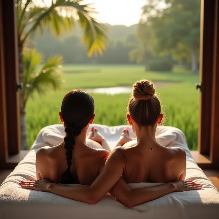 Casal relaxando em um tratamento de spa em um lodge no Pantanal.