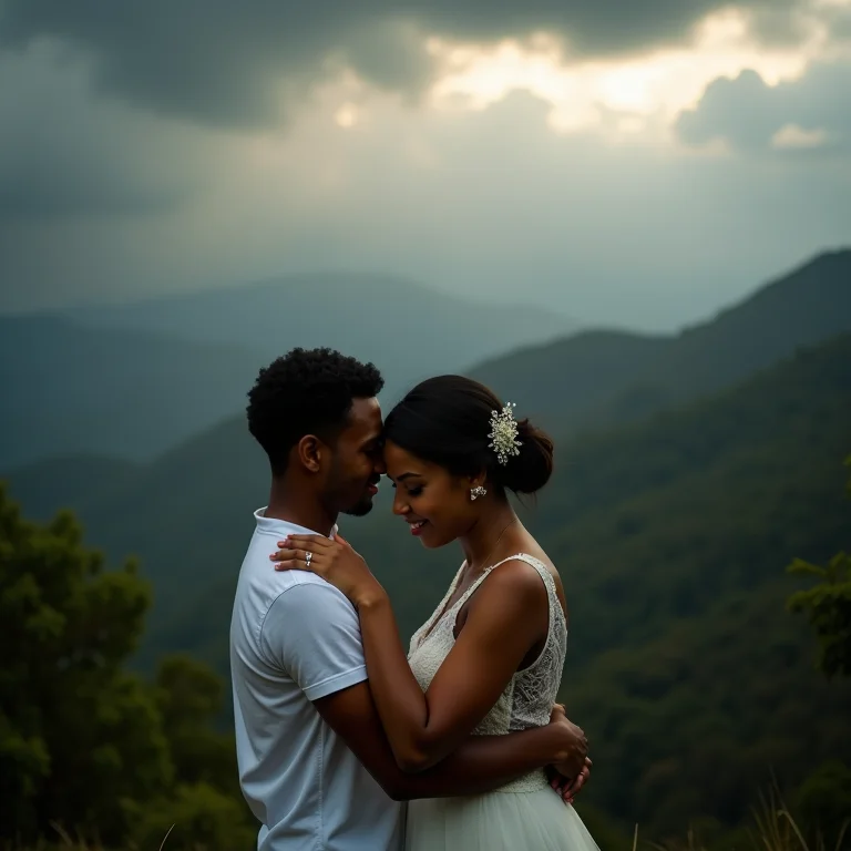 Casal se abraçando sob céu dramático em ensaio de casamento, foto de drone.