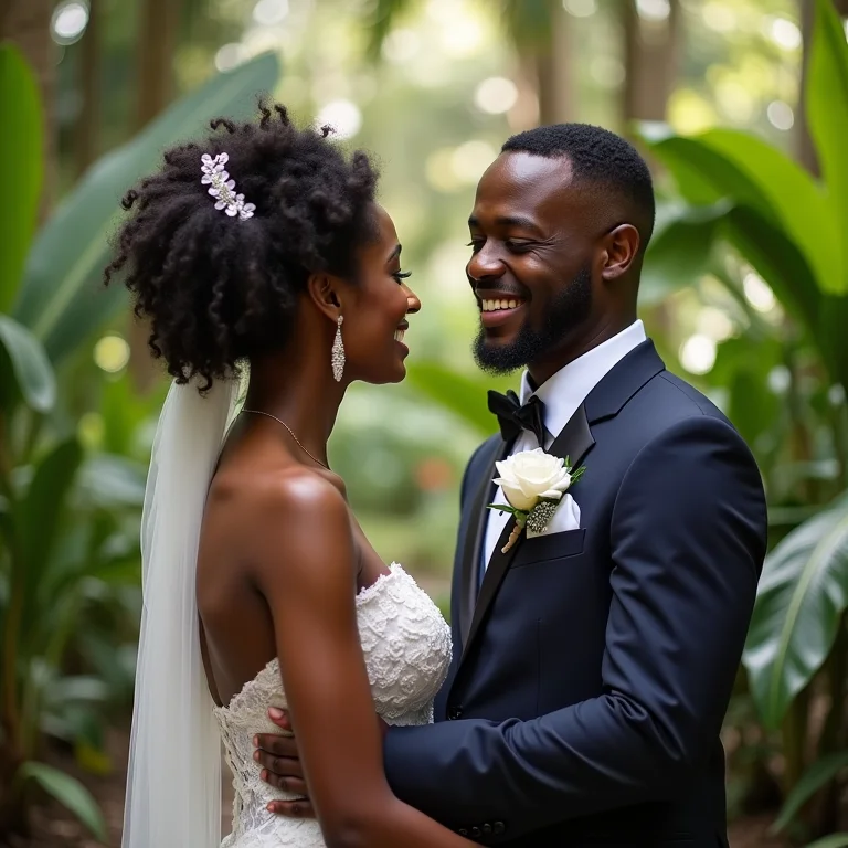 Casal sorrindo e chorando durante o first look em um jardim tropical brasileiro.