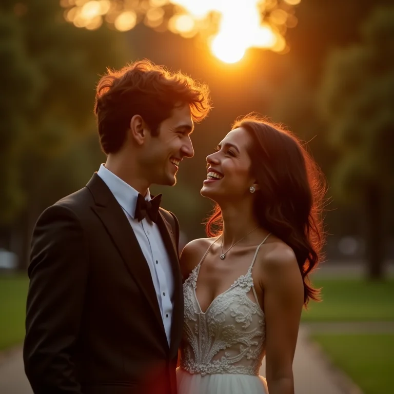 Casal sorrindo e se divertindo no Parque do Retiro, Madri.