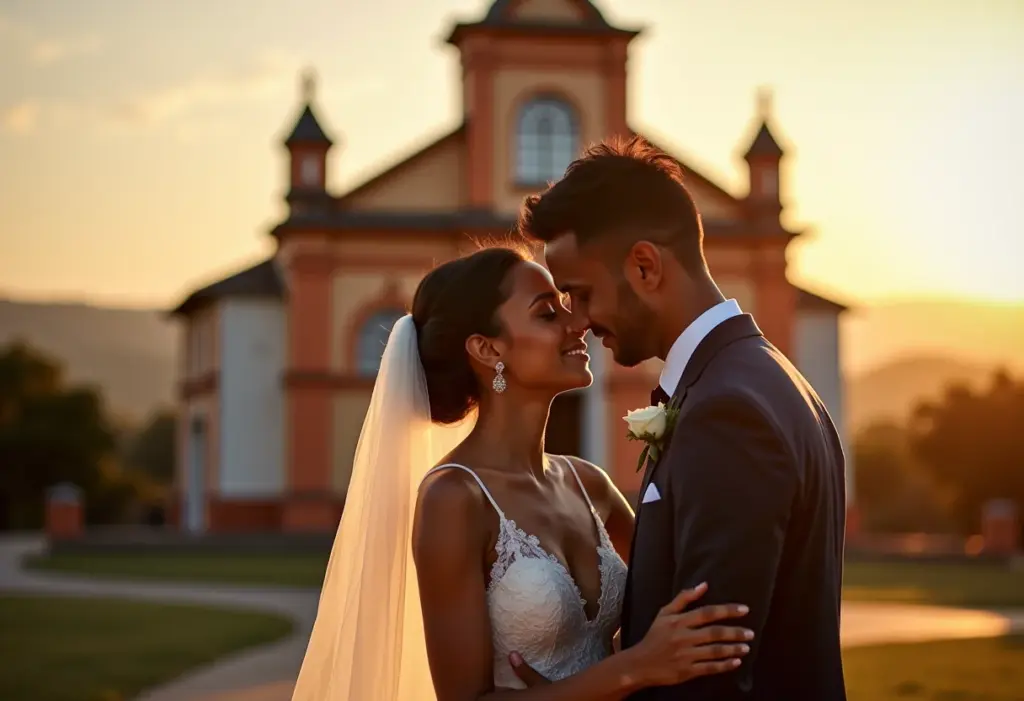 Piranguinho: os 7 lugares MÁGICOS para casar no interior Casal trocando juras em frente à igreja histórica em Piranguinho, MG.