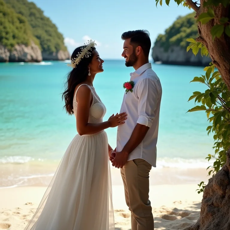 Casal trocando votos durante casamento em praia paradisíaca no Brasil