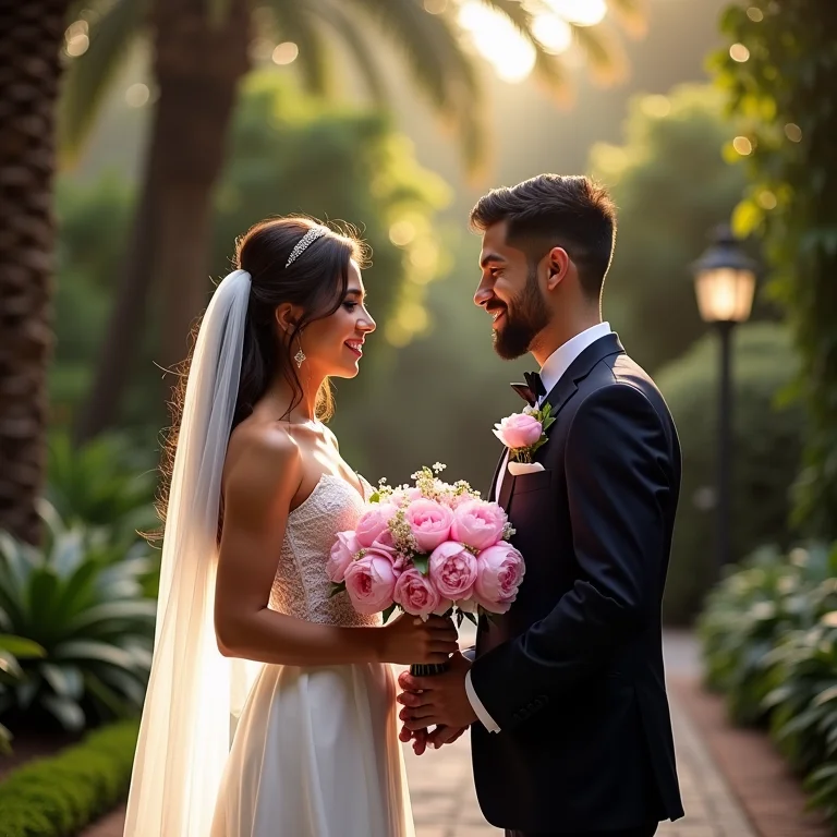 Casal trocando votos em um jardim, buquê de peônias refletindo a estação.