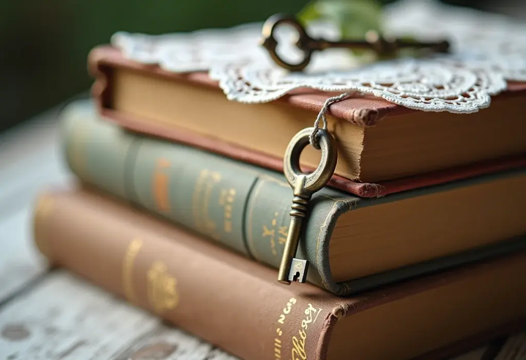 Centro de mesa com livros antigos e chave antiga para casamento