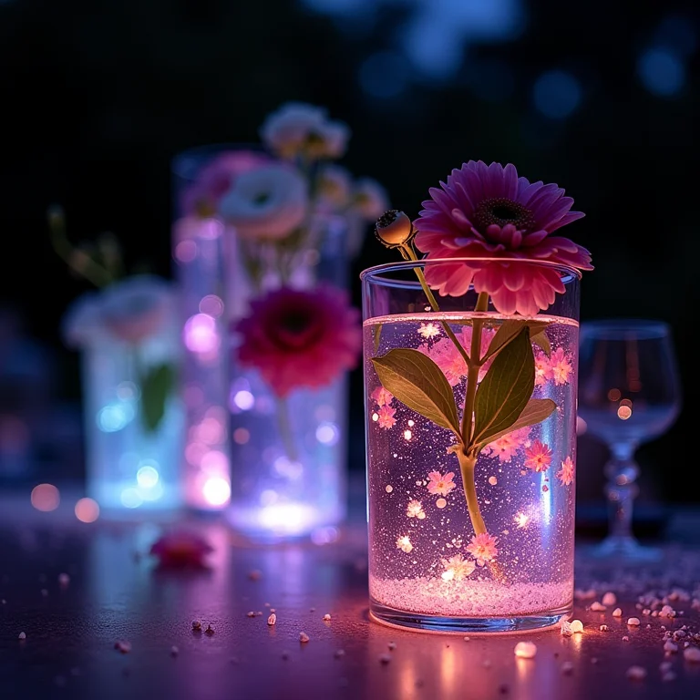 Centros de mesa com luzes de LED submersíveis em casamento no Brasil.