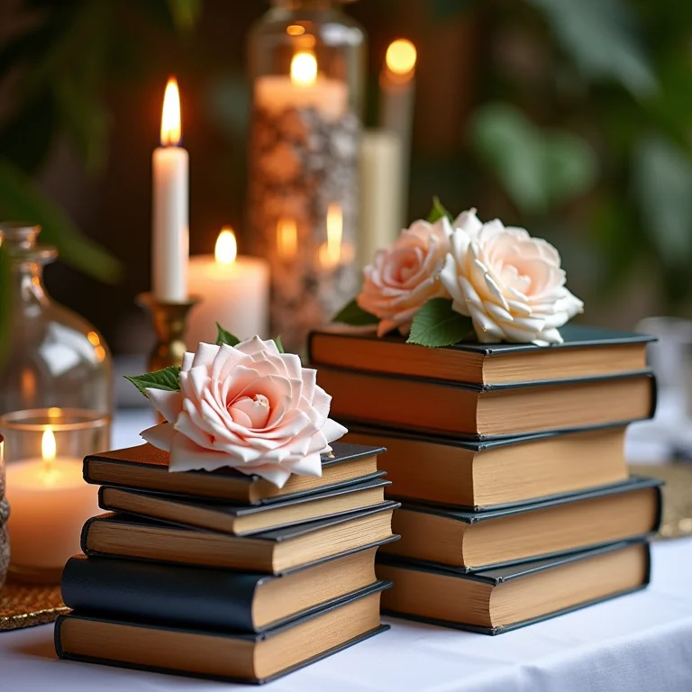 Centros de mesa de casamento com livros de diferentes tamanhos