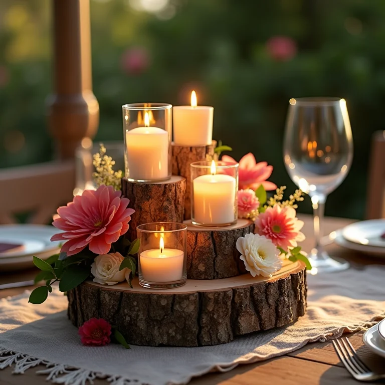 Centros de mesa de casamento feitos com troncos de árvore.