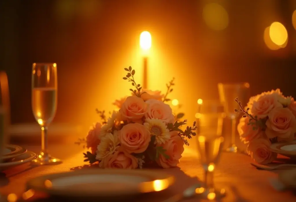 Centros de mesa iluminados com mini refletores em casamento brasileiro.