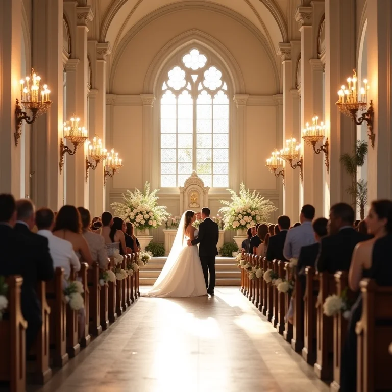 Cerimônia de casamento clássico em igreja histórica brasileira.
