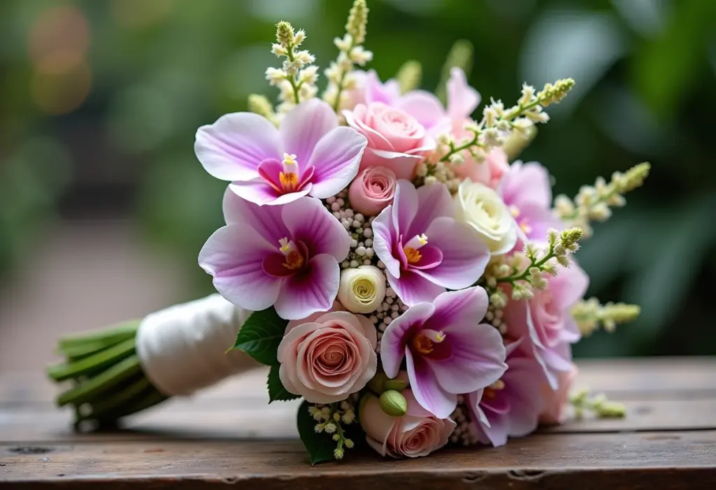 Close do buquê de noiva com orquídeas, rosas e lisiantos em tons pastel em casamento na fazenda.