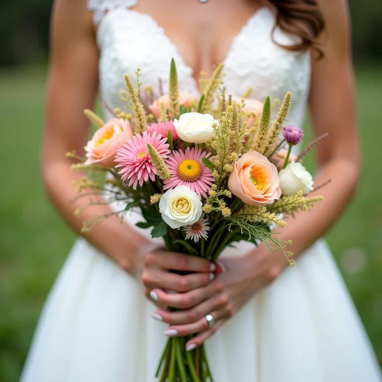 Close-up das mãos da noiva segurando um buquê de flores silvestres brasileiras.