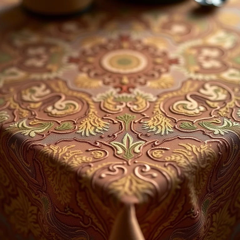 Close-up de uma toalha de mesa jacquard com padrão intrincado
