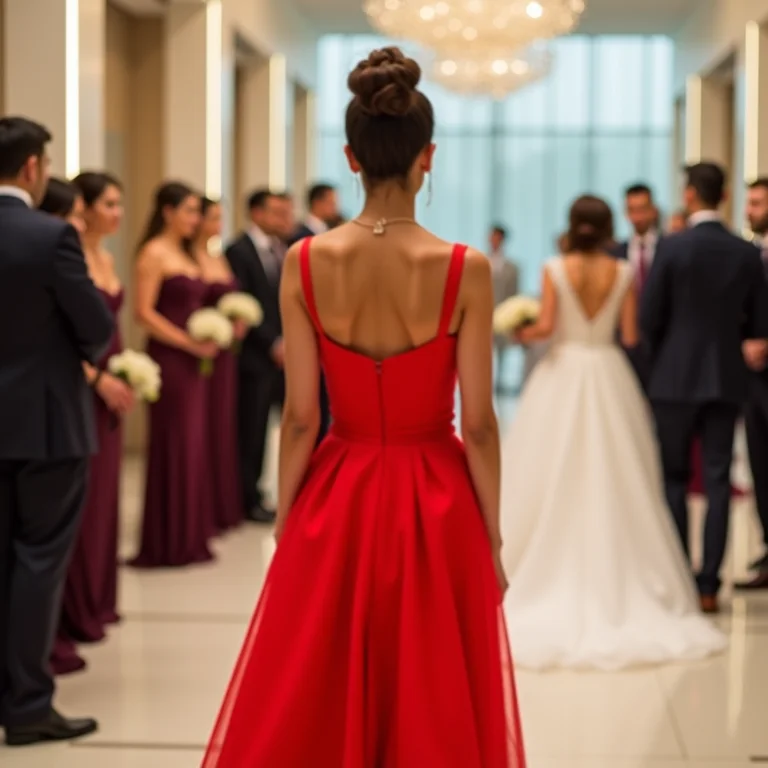 Convidada usando um vestido vermelho chamativo em um casamento em São Paulo.