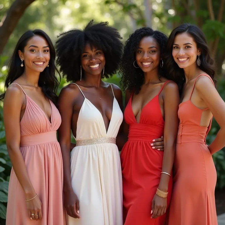 Convidadas com vestidos de festa em casamento ao ar livre.