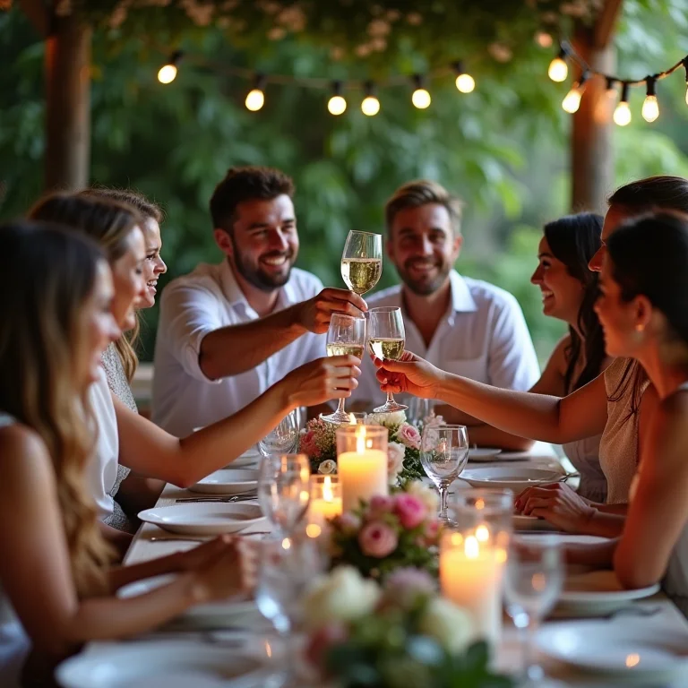 Convidados brindando em casamento com decoração de caixotes de feira.
