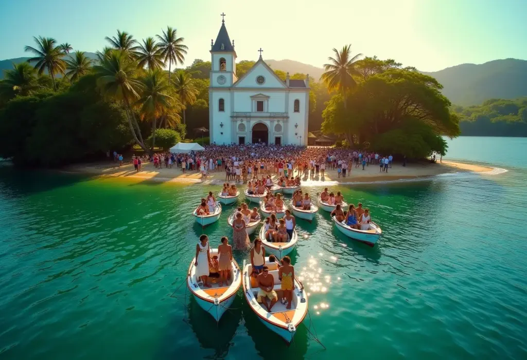 Convidados chegando de barco para casamento em Paraty