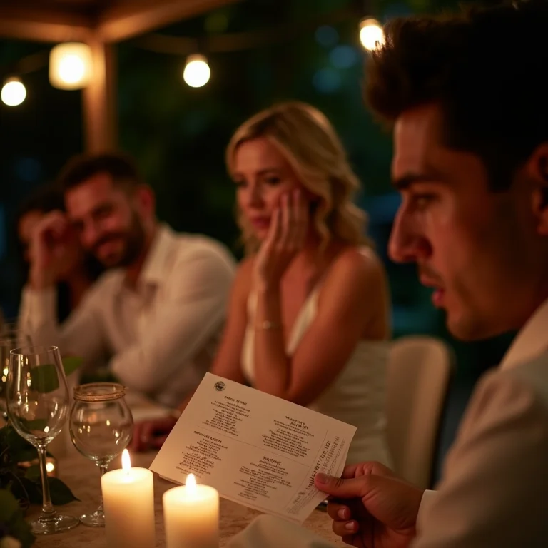 Convidados com dificuldade de ler o menu mal diagramado em festa de casamento