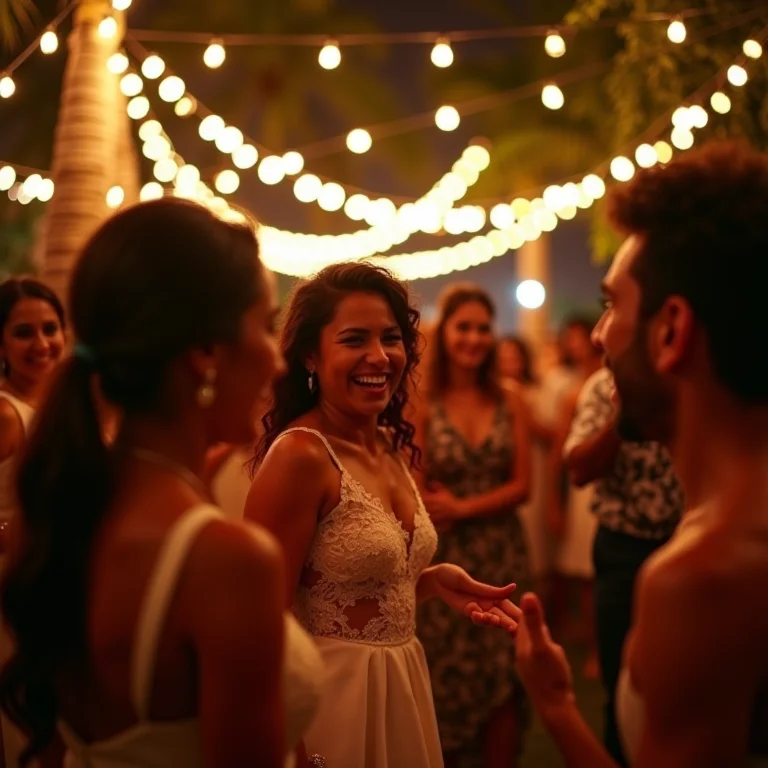 Convidados dançando e rindo em festa de casamento em fazenda brasileira com decoração de hortênsias.