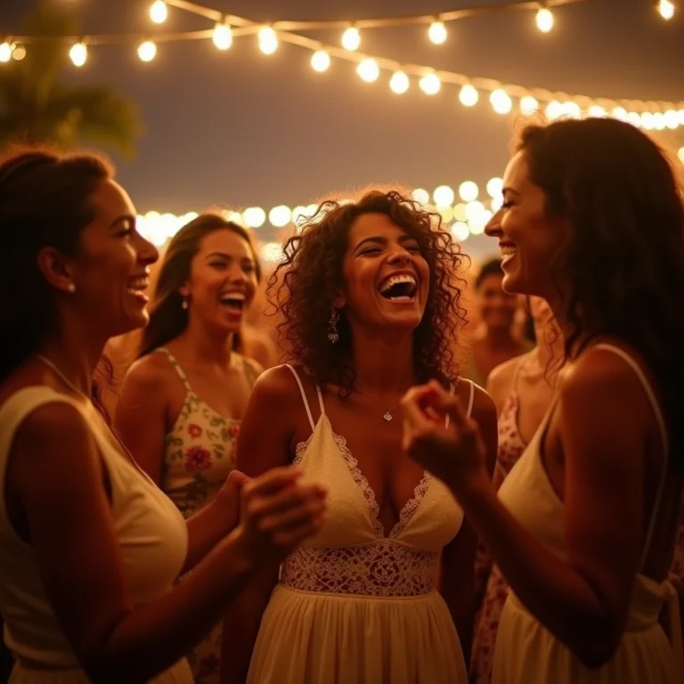 Convidados dançando e rindo sob cordões de luz em casamento brasileiro