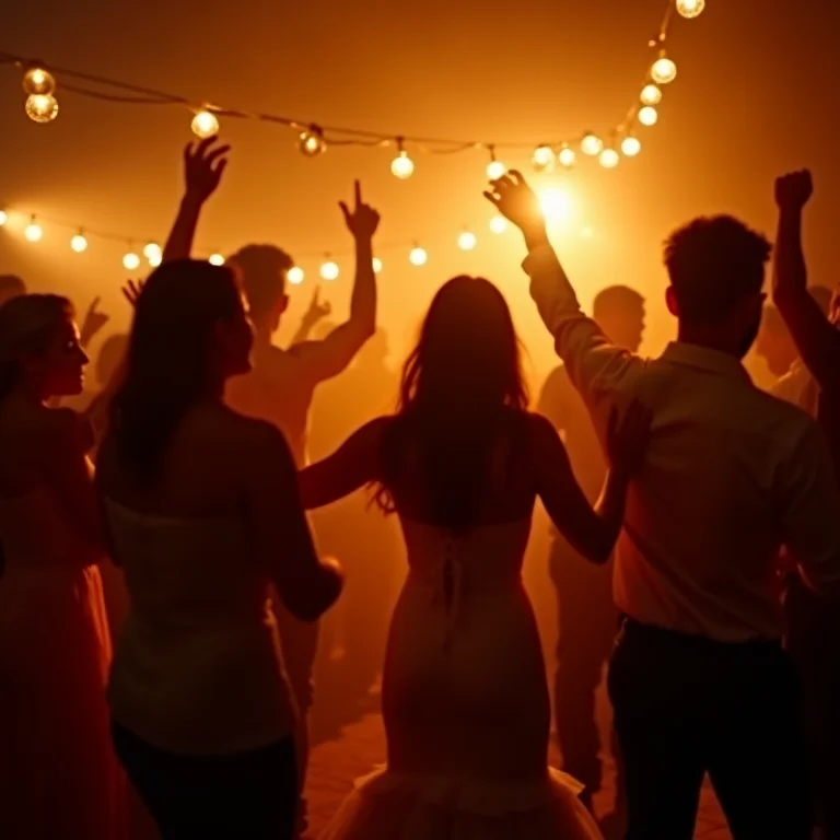 Convidados dançando em festa de casamento animada em Raposos