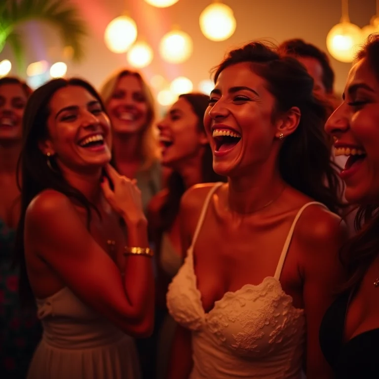 Convidados dançando em uma festa de casamento brasileira animada.