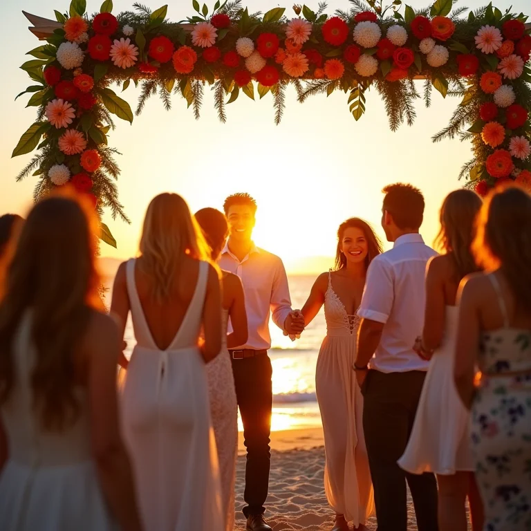 Convidados diversos dançando e se divertindo sob um arco de box truss decorado com flores tropicais em um casamento na praia.