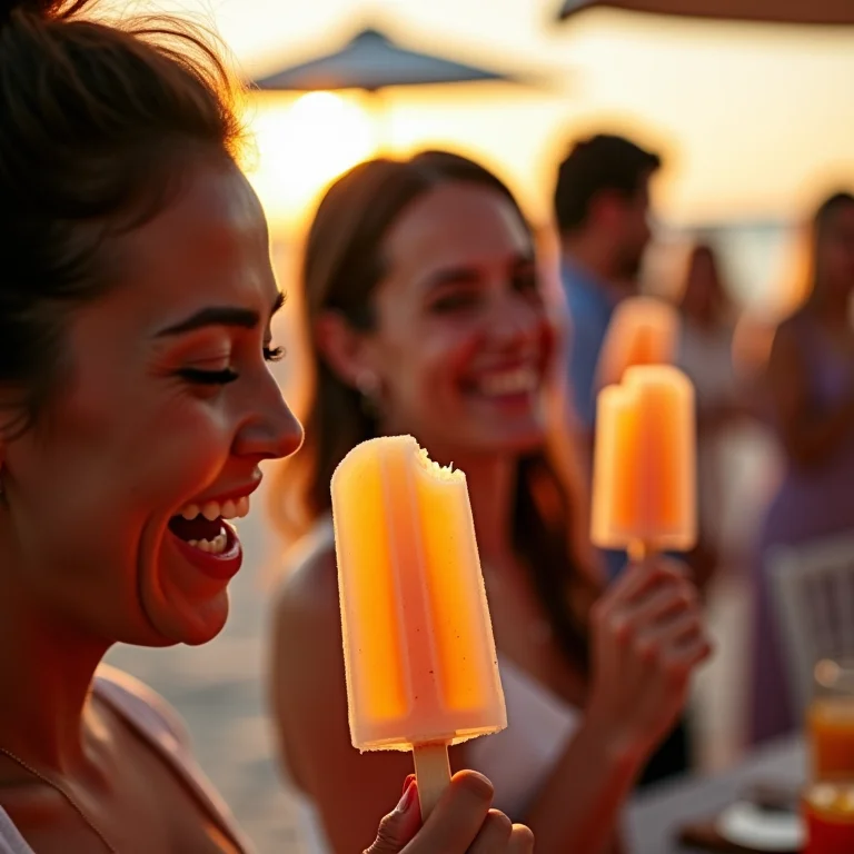 Convidados se refrescando com picolés em casamento na praia