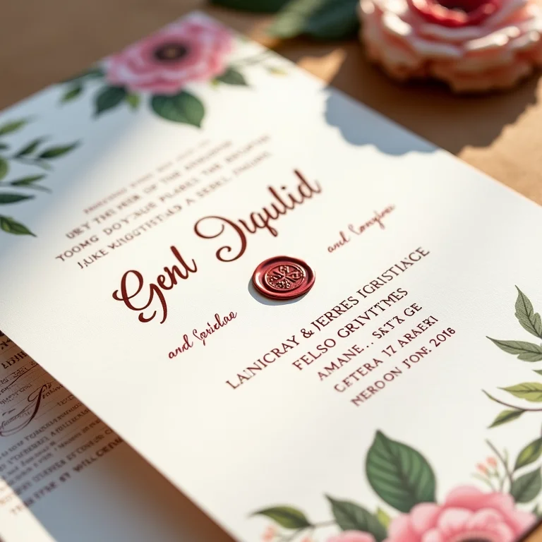 Convite de casamento elegante com detalhes florais e caligrafia