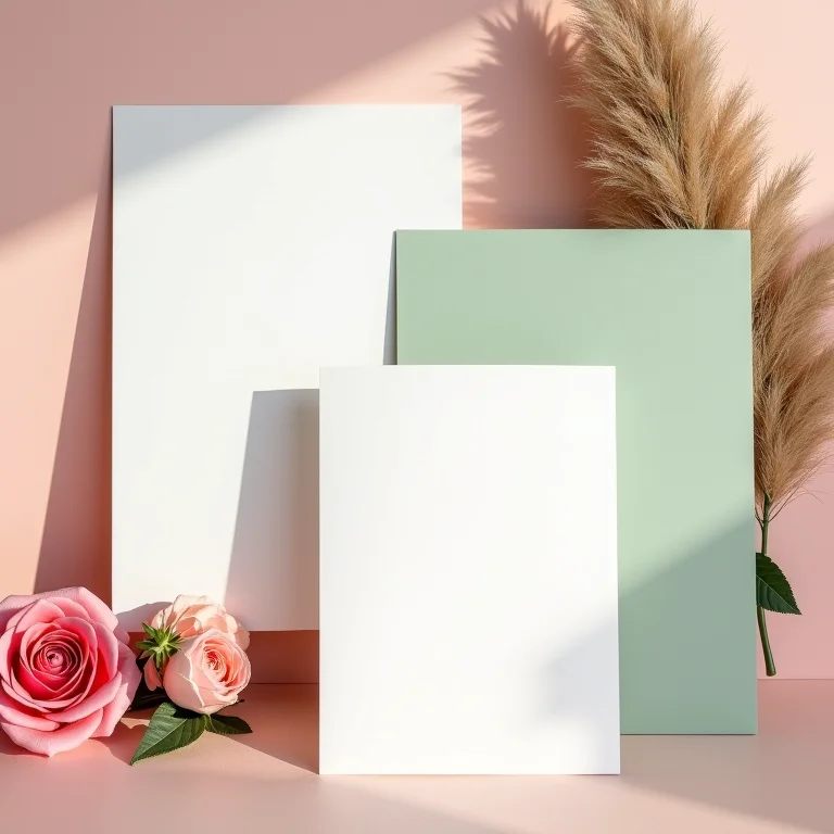 Convites de casamento em tons pastel (rosa blush e verde sálvia).