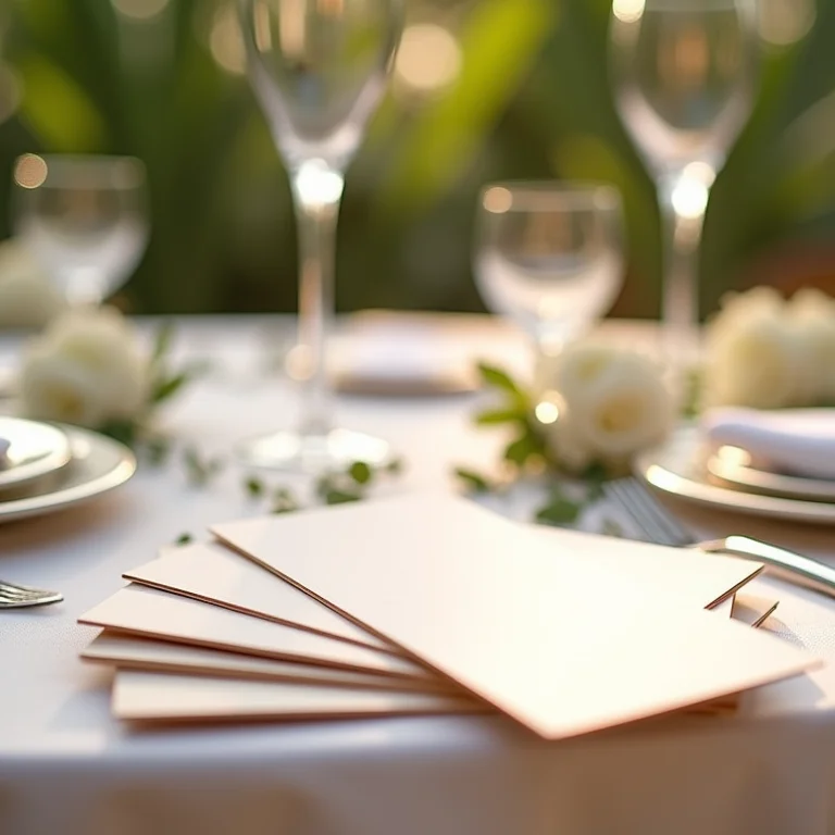 Convites individuais de casamento perto de uma mesa de casamento lindamente decorada.